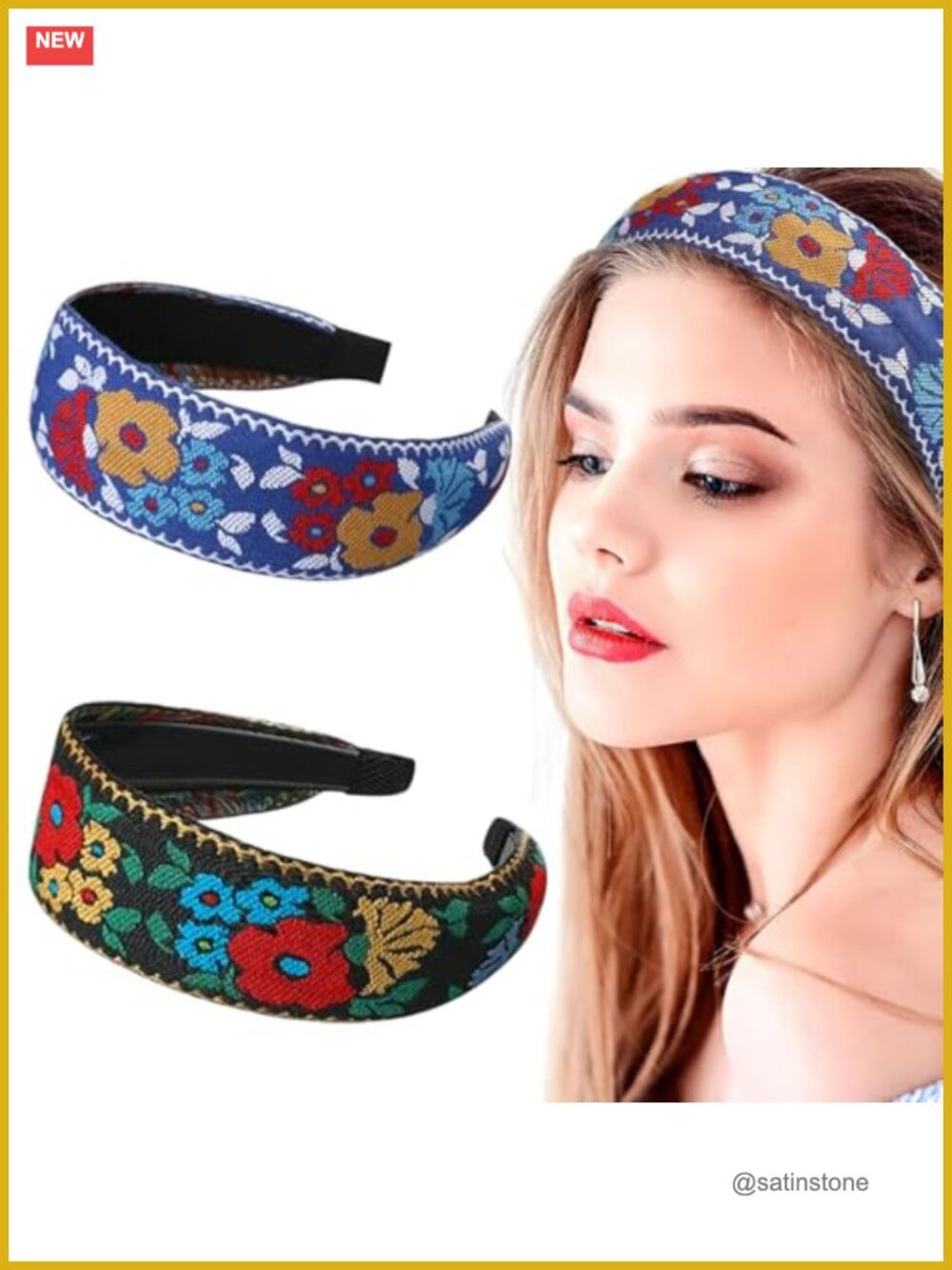 2 Pc Bohemia Embroidered Wide-Brim Headbands Non-Slip Hair Accessories